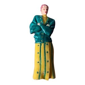 Vintage 1980's Handmade Lady Figurine with Green Jacket and Yellow Skirt.